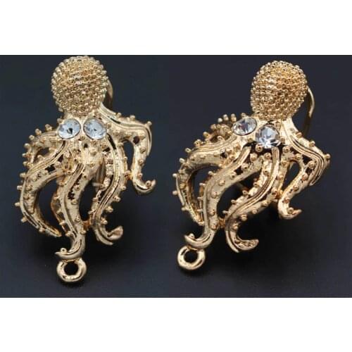 Clip Earrings Post with Loop Hanger Connectors Paved Rhinestone CZ Hollow Octopus Shape DIY Metal Chile Dubai Earrings Findings