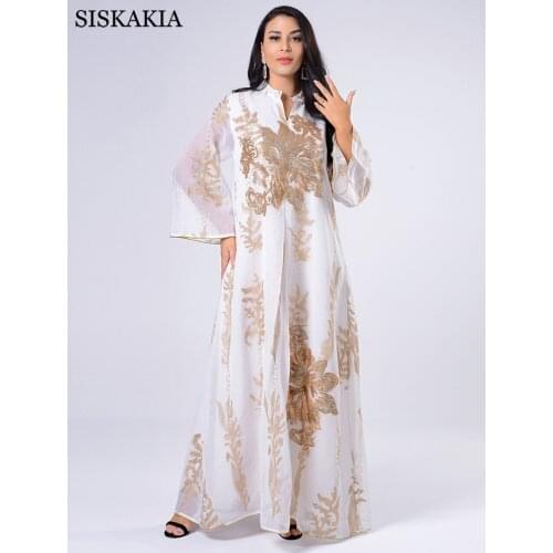 Siskakia Sequins Embroidered Abaya Dress For Women Moroccan Kaftan Turkey Arabic Jalabiya White Islamic Ethnic Robe 2021 Eid New