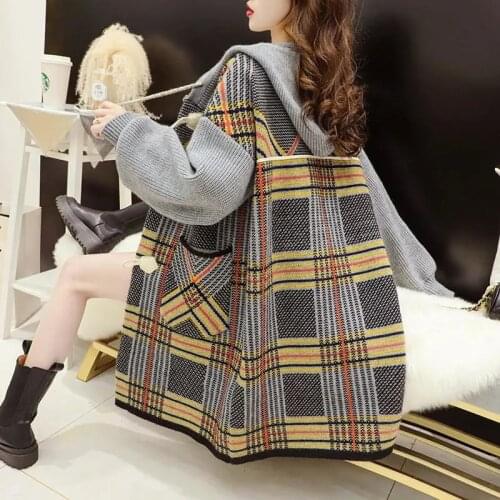 Horn Button Sweater Hooded Cardigan Women Retro Plaid Spring And Autumn New Coat Loose Large Size Fat mm Long Tops Femme Jacket