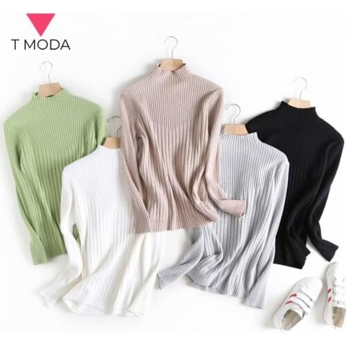 T MODA 2021 Spring Autumn Winter Womens Half High Collar Basic Sweater Vertical Knitted Slim Stretch Pullover Female Chic Tops
