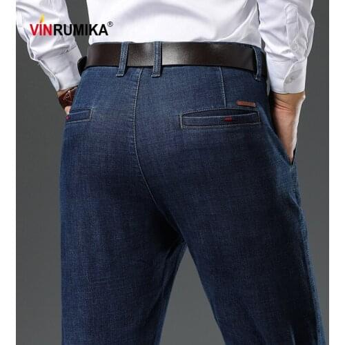 2020 Spring Autumn Business Mens High Quality Thick Straight Jeans Male Denim Cotton Black Pants Man Cowboy Blue Long Trousers