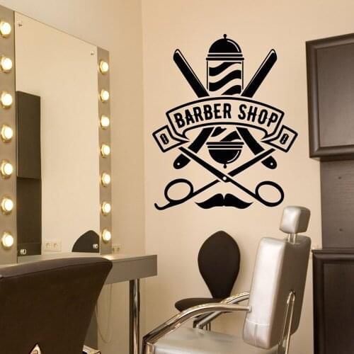 Barbershop Logo Vinyl Wall Decal Hairstyle Haircut Beauty Salon Sign Straight Razor Wall Sticker Wall Window Decals Poster WL319