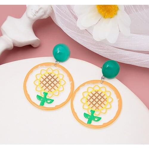 Vintage Multicolor Sunflower Acrylic Dangle Earrings For Women Girls Retro Geometric Pendant Stud Ear Jewelry Party Gifts