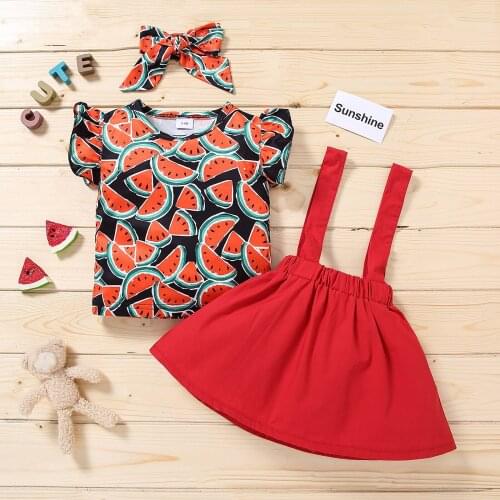 #VW Children Baby Girls Cute Sets Summer Fly Sleeve Watermelon Fruit Print Tops+Solid Print Suspender Skirt Headband Set ropa