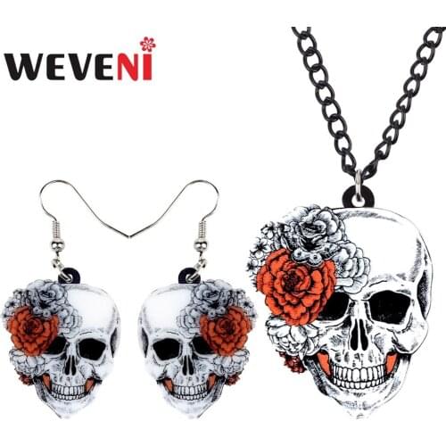 WEVENI Original Acrylic Halloween Rose Flower Skull Earrings Necklace Chain Jewelry Sets Retro Costumes Decoration For Women