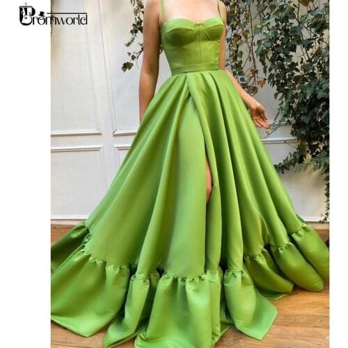 Sweetheart A-Line Straps Green Long Evening Dresses 2021 Robe De Soiree Open Skirt Satin Special Occasions Formal Evening Gowns