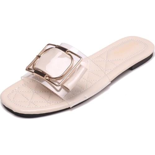 2020 Summer Women designers Slipper Nude White Square Low Heels Outsides Ladies Slides Luxury Brand Beach Mules Shoes tong plage