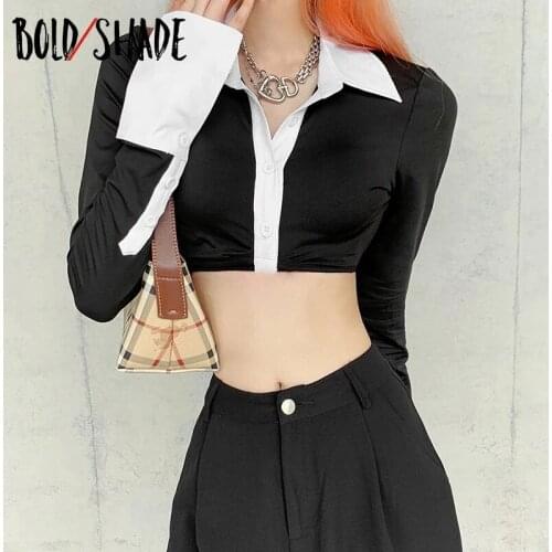 Womens Button Down Crop Tops Long Sleeve Lapel V Neck Color Block Slim Fit Shirts