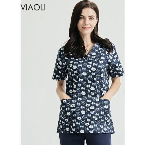 V-neck Scrub Top Women Fashion Uniforms Short Sleeved Nutritionist work clothing cartoon print scrubs tops pet scrubs Work wear