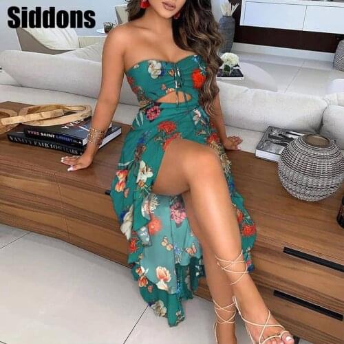 Women Floral Print Sleeveless Irregular Long Dress Sexy Off Shouledr Slim Party Dress