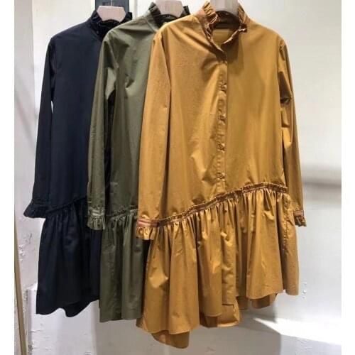 2021 Autumn Fashion Long Shirt Dress High Quality Women Pleated Ruffle Deco Long Sleeve Casual Khaki Green Dark Blue Dress OL