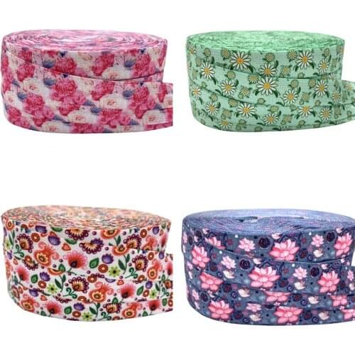 5/8"16mm Lotus Rose Flower Daisy Printed Fold Over Elastic Ribbon DIY Pack Stuffs Hair Band Making Accessories 10Yards/lot