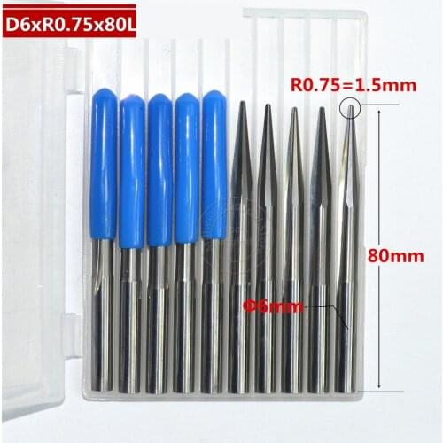 6mm*R0.75*10°*80L,CNC carbide wood End Mill,woodworking insert router bit,Taper ball nose end milling cutter,deep relief,pvc