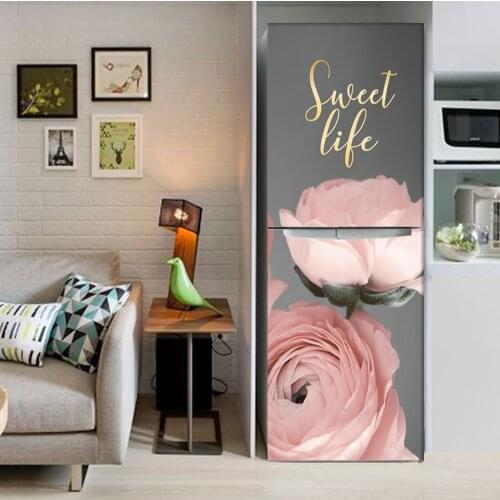 60x150cm / Custom Size Sweet Flowers Refrigerator Door Sticker Waterproof Wallpaper Decals Fridge Stickers Art Murals Pink Home