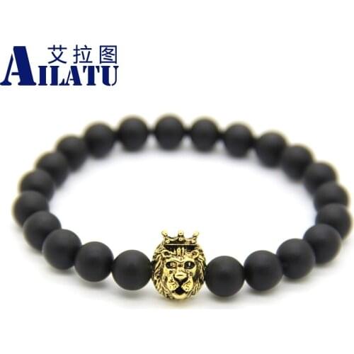 Ailatu New Men Jewelry 8mm High Quality Matte Black Beads with Crown Lion Head Bracelet to Be a King