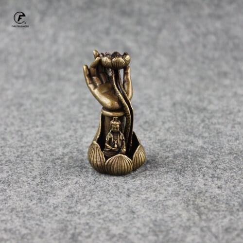 Antique Copper Buddha Hand Lotus Base Backflow Incense Burner Retro Brass Sitting GuanYin Figurines Ornament Home Decor Censer
