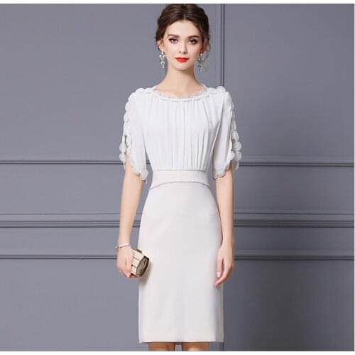White Blue Female Petal Short Sleeve Pencil Skirt O-Neck Diamond Summer Simple Lady Dress Mature Waist OL Split Zipper Dresses