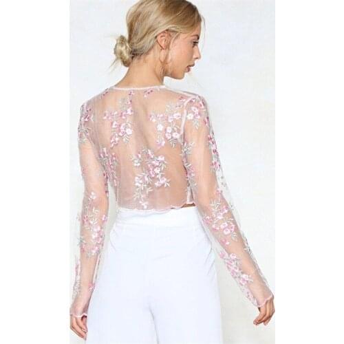 Summer Women Shirts Fashion Transparent Embroidery Lace Up Bandage Pink Floral Blouse Ladies Flower Bandage Clothes