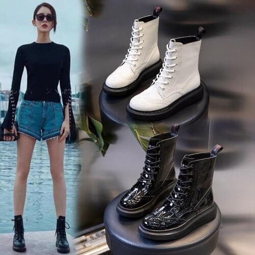 Retro Shoes Women Platform Martin Boots 2019 Autumn New Fashion Brand Ladies Ankle Boots Cross-tied Female botas mujer Patchwork