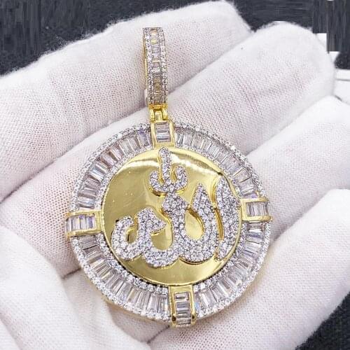 Hip Hop Bling Rock Punk Men Jewelry Geometric Round Coin Shaped Paved 5A CZ Allah Pendant Necklace