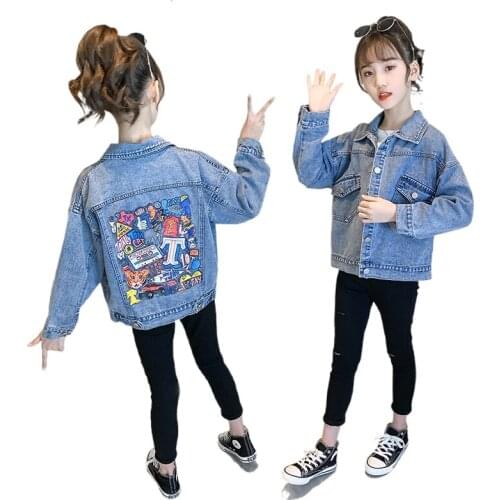 Girls Denim Jacket New Illustration Baby Girls Long-sleeved Tops New Childrens Fashionable Loose Jacket Boys Fshion Jeans Coat