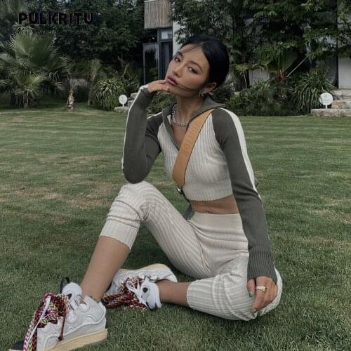 Pulkritu Knitted Womens Jogger Tracksuit Yoga Legging Pants and Sweater Tops Matching Two 2 Piece Set Active Outfits