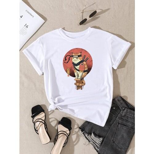 Cool Shinobi Cat Printing Female Tees Shirts Spring Summer o-Neck Clothing Fashion Style Tee Shirt Oversized Women Tee Shirts