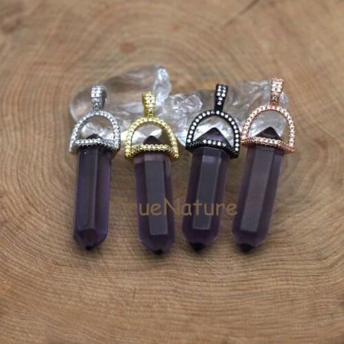 Fashion Double Terminated Amethysts Petite Nugget Charm Quartz Stone Pendant Cubic Micro Paved Findings In 45*10 mm PM7403