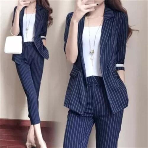 Fashion striped Pant Suits female summer New professional suit womens workplace womens temperament ol two-piece Suits female