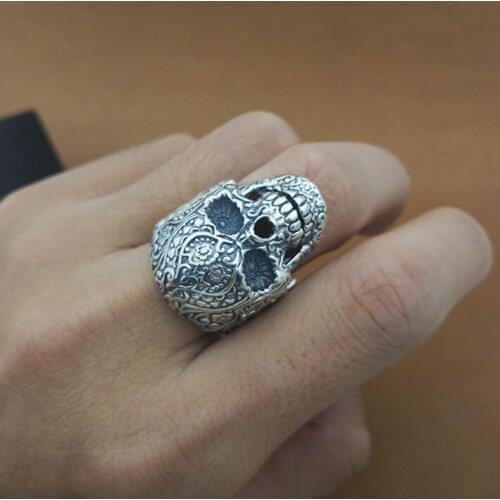 100% 925 Silver Heart Flower Skull Ring Real Sterling Silver Skeleton Ring PUNK Jewelry Man Ring COOL