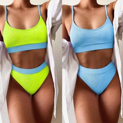 MXLD Women Sexy 2 Pieces Bikini Set Scoop Neck Ribbed Bra Micro Swimsuit High Waist Thong Solid Multicolor Patchwork Bathing