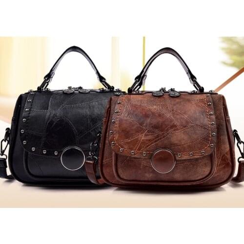 2021 New Fashion Rivet Vintage Female Handbag Quality Leather Messenger Bag Shoulder Bag Larger Capacity Top-Handle Bags Travel