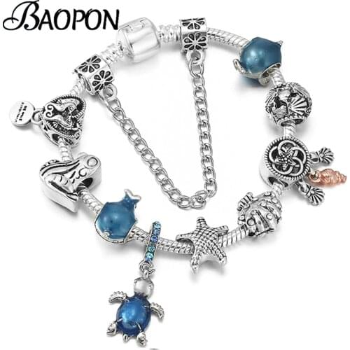 New Design Silver Color Crystal Frog Shell Dolphin Beads Charm Bracelet Fit DIY Brand Bracelet For Women Men Summer Jewelry Gift