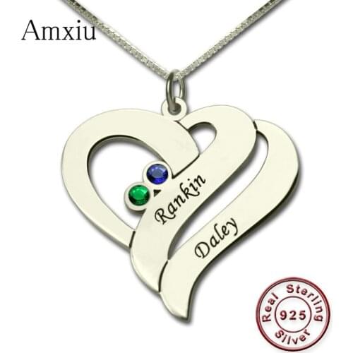 Amxiu 100% 925 Sterling Silver Necklace Jewelry Engrave Two Names Necklace Custom Birthstones Hearts Pendant Lovers Mother Gifts