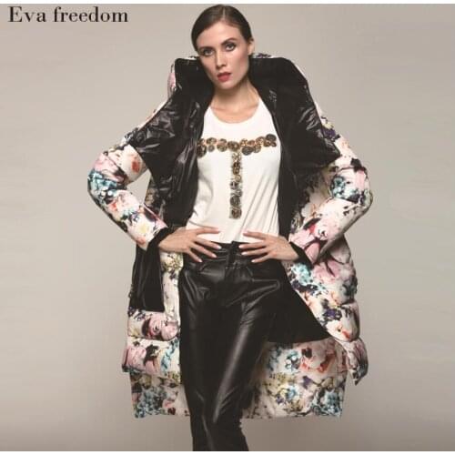 S-2XL 90% duck down coat fashion brand hooded Asymmetric long down jacket female printed Slim thicker warm coat wj2713