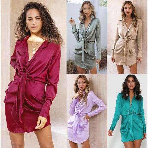 Summer Dress Womens Long Sleeve Turn-Down Collar Ruched Bandage Mini Dress For Women Homewear Sleep Vestidos Femme Robes Y2K