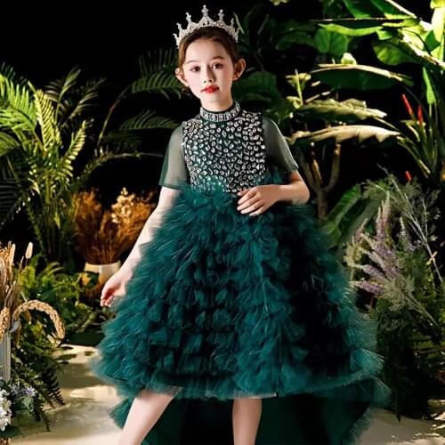 Flower Girl Dresses Illusion Crystal High Short Princess Knee-Length Tulle Lace Luxury Green Elegant Lovely Kids Party Gown H443