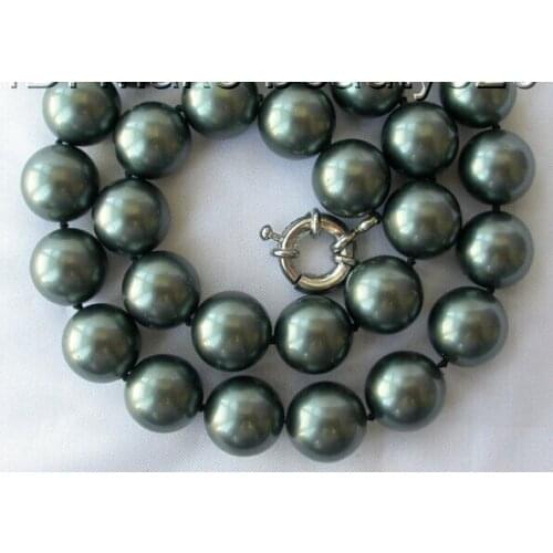 Stunning big 14mm round Tahiti black south sea shell pearl necklace AAA style Fine Noble real Natural