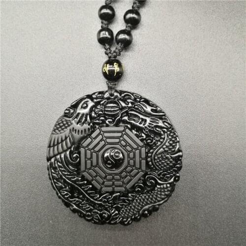 Drop Shipping Black Obsidian Carving Dragon and Phoenix Necklace Pendant Obsidian Lucky Pendants