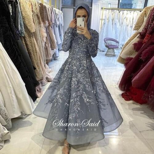 Luxury Dubai Blue Muslim Evening Dresses Long Sleeve Ankle Length Beaded Arabic Formal Prom Dress for Women Wedding Party Gowns