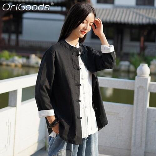 OriGoods Chinese style Shirt Women Vintage Long sleeve Shirt Blouse Solid Black Original Shirt Blouse Cotton and Linen Tops C256