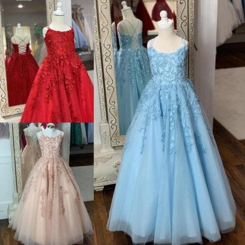 SH Little Girl Pageant Dresses 2019 Straps Neck A Line Princess Kids Formal Party Wedding Gowns Red Sky Blue Blush Ivory