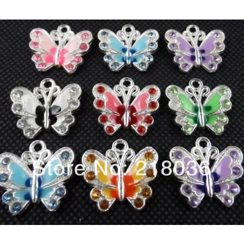 Vintage Alloy Enamel Crystal Butterfly Charms Pendants For Jewelry Making Findings Bracelets DIY Craft Bijoux 20x22mm 10pcs