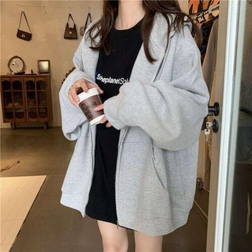 Hoodies Women Zipper All-match Solid Vintage Black Summer Students Large Size Leisure Streetwear Chic Stylish Casual Hoodie