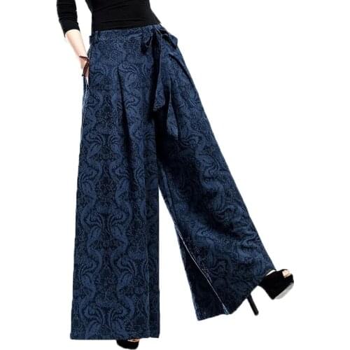 Spring Autumn 2021 Cotton Linen Womens Jacquard Wide-Leg Pants Elastic Waist Flax High Waist Bandage Female Straight Leg Pants