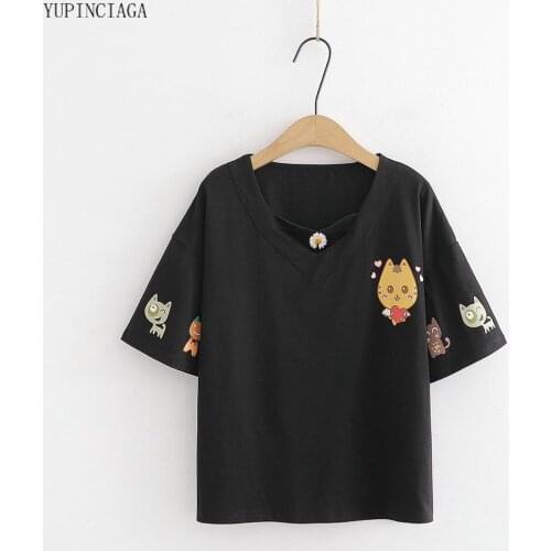 Womens Cartoon Cat Print Harajuku T Shirts Short Sleeve V-Neck 2020 Summer Sweet T Shirt Femme Casual Kawaii Tops Tees For Girl