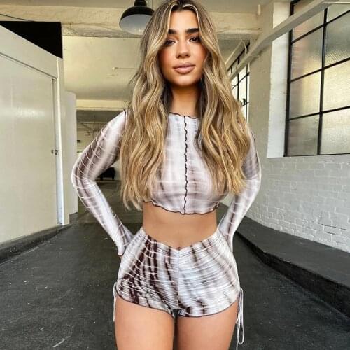 2021 Printed Two Piece Short Set Women Sexy Casual Club Party Outfits Matching Sets Long Sleeve Crop Top Mini Dress Short Sets