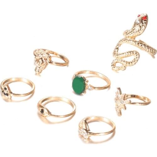 Women Snake Boddha Star Flower Rings Midi Finger Knuckle Crystal Gold Color Eye Triangle Ring Jewelry Accessories 7 Pcs