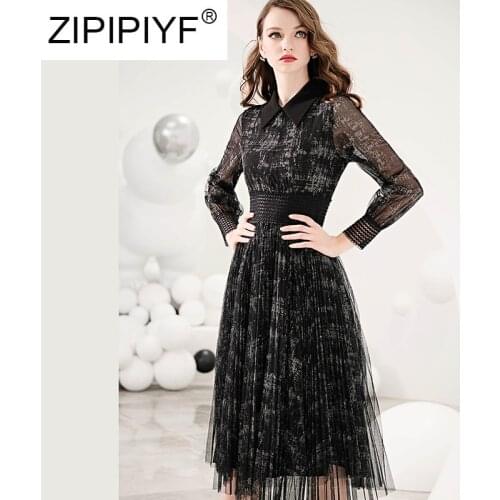 2020 Spring New Silver Silk Printed Mesh Yarn Patchwork Dress Lantern Sleeve Elegant Women Pleated Dress C171