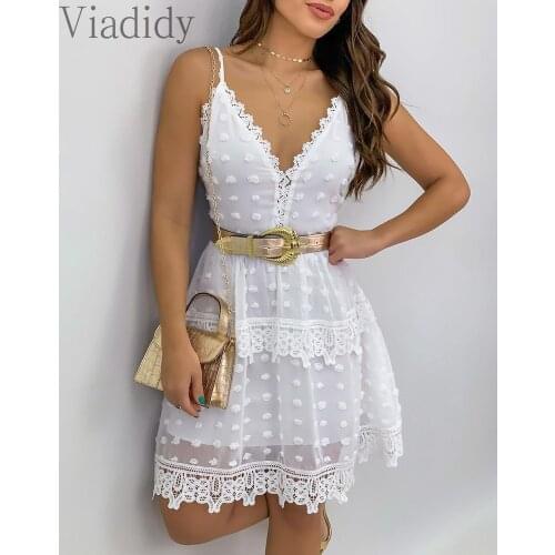 Women Spaghetti Stap Casual Deep V Neck Open Back Lace Dress